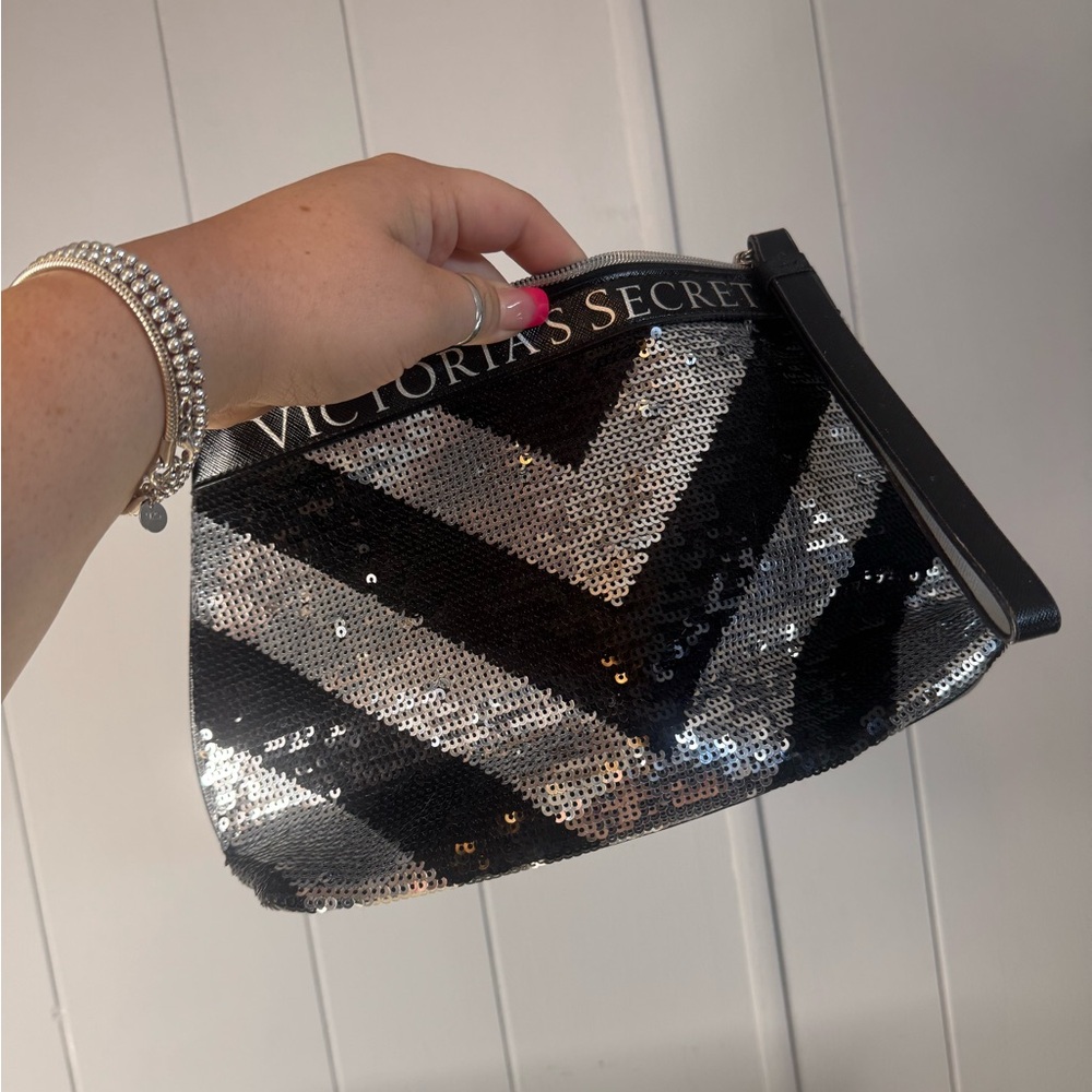 Victoria's Secret Black and Silver Sequin makeup bag